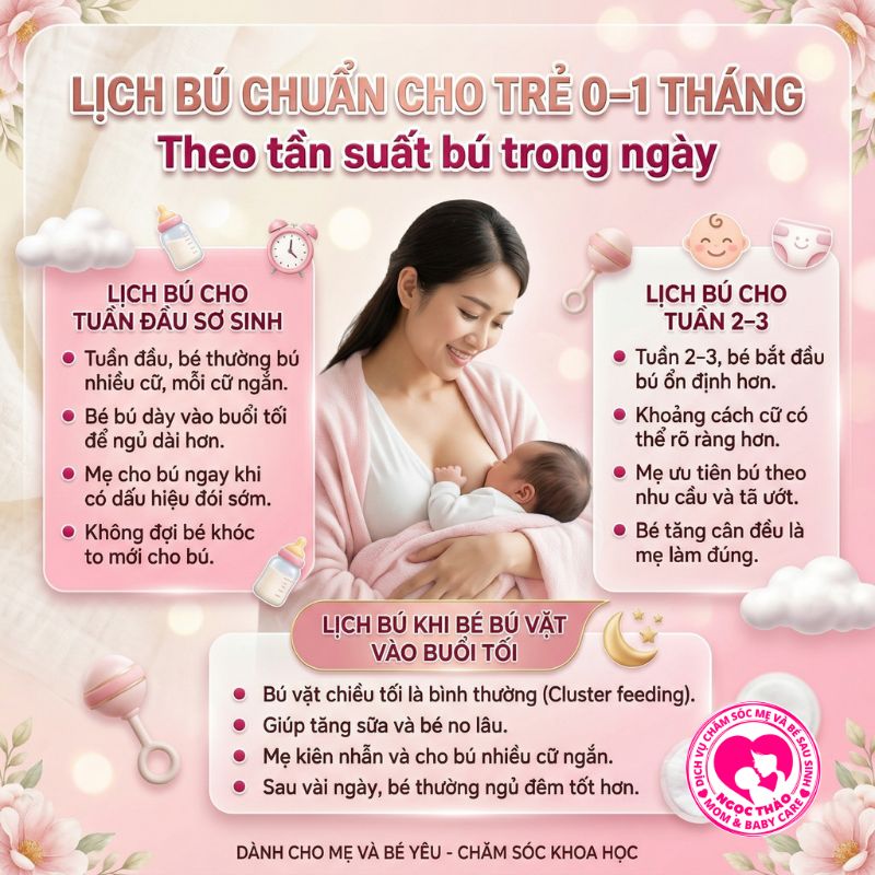 lịch bú chuẩn cho trẻ 0 đến 1 tháng tuổi theo tần suất bú trong ngày